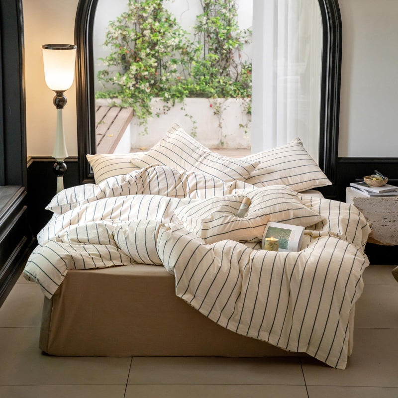 Lifetb Boho Striped Duvet Cover Sets King Beige Cream Duvet Cover With Grey Stripes Pattern Comforter Cover Breathable Farmhouse Bedding 100% Washed Cotton Striped Bedding Comforter Cover King Size - Image 2
