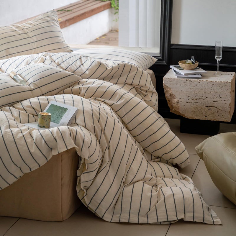 Lifetb Boho Striped Duvet Cover Sets King Beige Cream Duvet Cover With Grey Stripes Pattern Comforter Cover Breathable Farmhouse Bedding 100% Washed Cotton Striped Bedding Comforter Cover King Size - Image 5