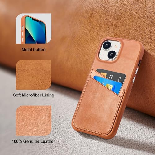 LUCKYCOIN 100% Genuine Leather Wallet Phone Case for iPhone 13, Slim Design with Card Holder, Shockproof Protective Cover, Microfiber Lining & Metal Buttons, for Men and Women, Tan - Image 4