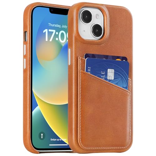 LUCKYCOIN 100% Genuine Leather Wallet Phone Case for iPhone 13, Slim Design with Card Holder, Shockproof Protective Cover, Microfiber Lining & Metal Buttons, for Men and Women, Tan - Image 1