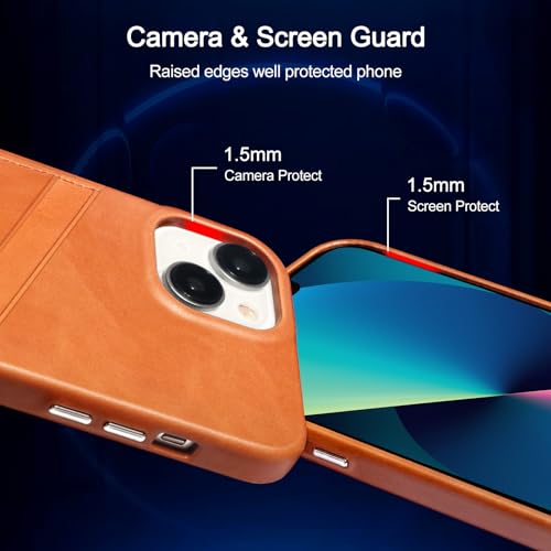 LUCKYCOIN 100% Genuine Leather Wallet Phone Case for iPhone 13, Slim Design with Card Holder, Shockproof Protective Cover, Microfiber Lining & Metal Buttons, for Men and Women, Tan - Image 3