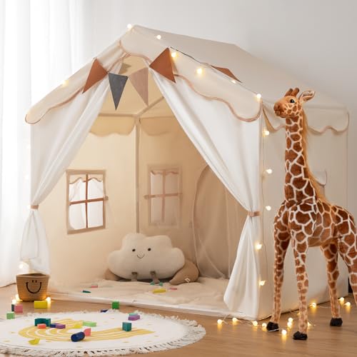 Besrey Kids Play Tent 2 in 1 with Padded Mat and Lights Large Kids Playhouse with 2 Doors  4 Windows Indoor  Outdoor Christmas Toddler Tent 51 x35 x 51 - Image 1
