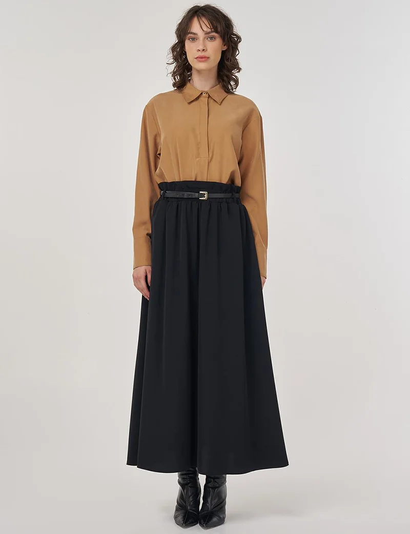 Kayra Belt Detail Flared Skirt Black