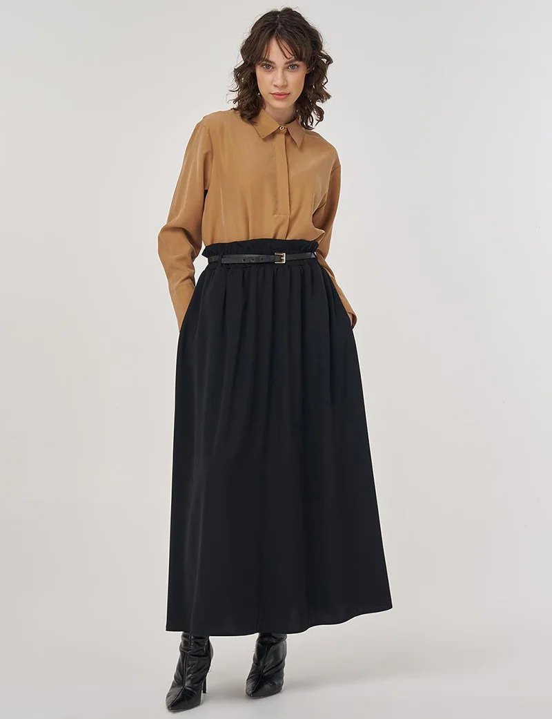 Kayra Belt Detail Flared Skirt Black