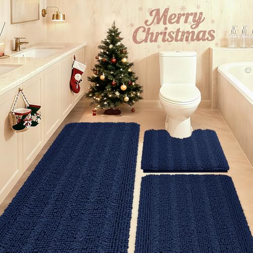 ACCUMTEK Striped Navy Blue Bathroom Rug Set 3 Pieces Ultra Soft, Non Slip Chenille Toilet Mat, Absorbent Plush Shaggy Bath Mats for Bathroom, Bedroom, Kitchen - Image 1