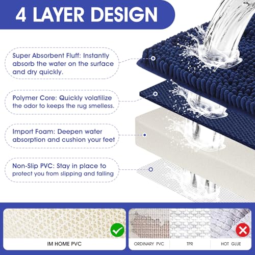 ACCUMTEK Striped Navy Blue Bathroom Rug Set 3 Pieces Ultra Soft, Non Slip Chenille Toilet Mat, Absorbent Plush Shaggy Bath Mats for Bathroom, Bedroom, Kitchen - Image 4