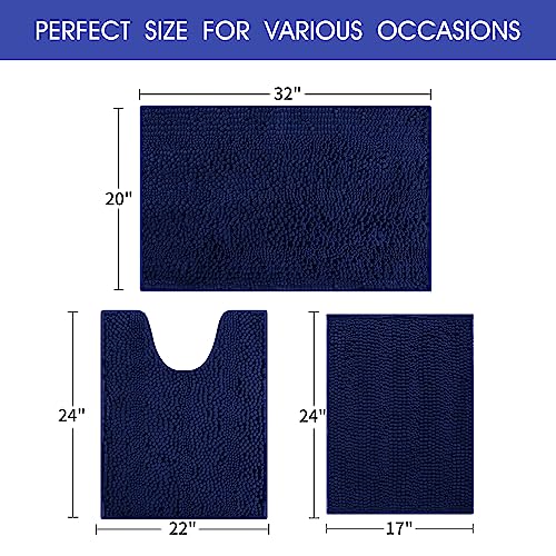 ACCUMTEK Striped Navy Blue Bathroom Rug Set 3 Pieces Ultra Soft, Non Slip Chenille Toilet Mat, Absorbent Plush Shaggy Bath Mats for Bathroom, Bedroom, Kitchen - Image 5
