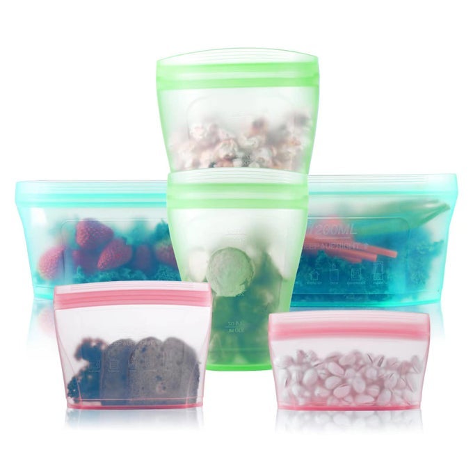 REUSABLE FOOD CONTAINER SILICONE BAG UPGRADE SECOND GENERATION 6 PCS CONTAINERS STORAGE 100 SILICONE REUSABLE FOOD BAG STAND UP PRESERVATION BAG ROUNDED INTERIOR FOR EASY CLEANING