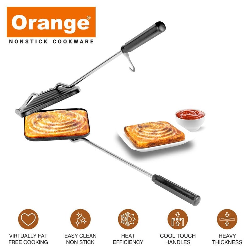 Orange Non-Stick Sandwich Toaster with free nylon Tongs & Scrubber | Daily Use, non-electric Sandwich Maker | Gas Stove Compatible| Black - Image 2