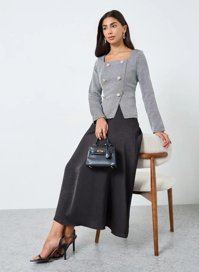 Styli Black Square Neck Tweed A-Line Maxi Dress