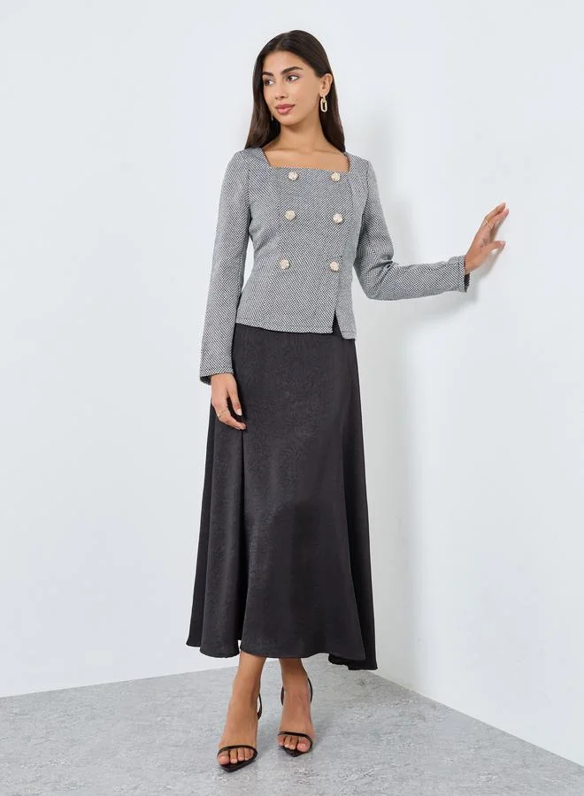 Styli Black Square Neck Tweed A-Line Maxi Dress