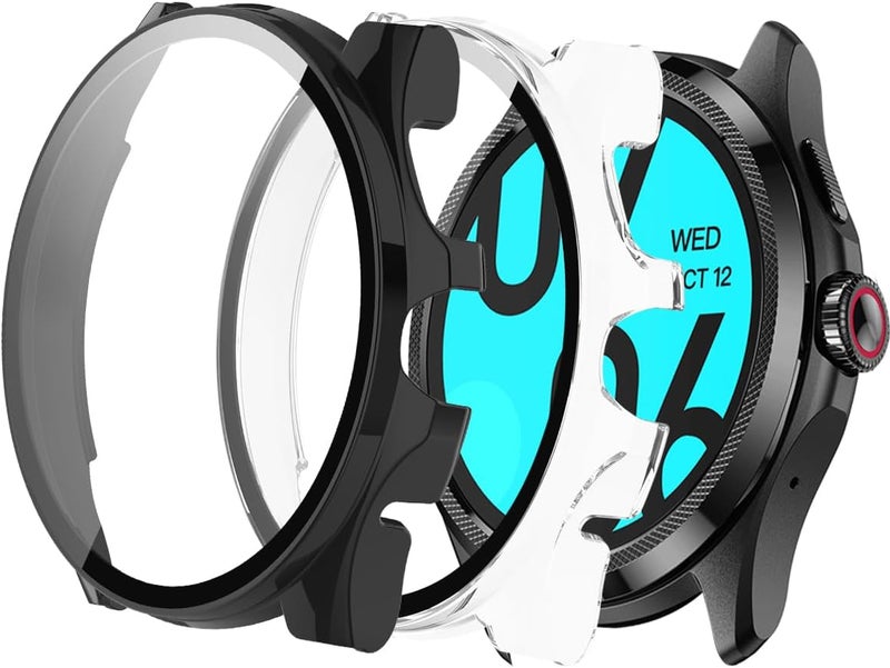 WUNIAK Case for Ticwatch Pro 5 Enduro Smartwatch,Hard PC Screen Protector for Ticwatch Pro 5 Enduro,9H Tempered Glass Ultra-Thin Full-Coverage Shockproof Bumper,(2Pack,Transparent+Black) - Image 1