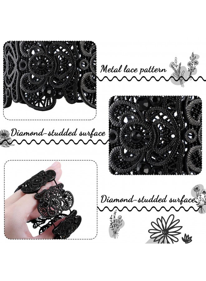 Mtlee 2 Pieces Black Bracelet for Women Gothic Bracelet Vintage Filigree Jewelry Ladies Cuff Bracelets Bohemian Lace Bracelet Lace Cuff Bangle Bracelet Wide Stretch Rhinestone Bracelets Statement Bracelet - Image 2