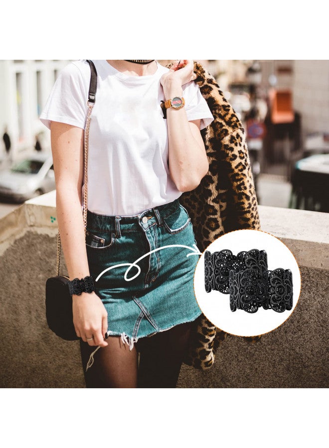 Mtlee 2 Pieces Black Bracelet for Women Gothic Bracelet Vintage Filigree Jewelry Ladies Cuff Bracelets Bohemian Lace Bracelet Lace Cuff Bangle Bracelet Wide Stretch Rhinestone Bracelets Statement Bracelet - Image 4