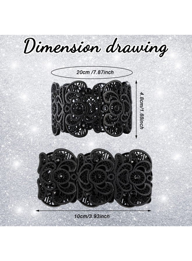 2 Pieces Black Bracelet for Women Gothic Bracelet Vintage Filigree Jewelry Ladies Cuff Bracelets Bohemian Lace Bracelet Lace Cuff Bangle Bracelet Wide Stretch Rhinestone Bracelets Statement Bracelet
