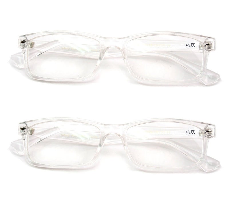V.W.E 2 Pairs Casual Fashion Rectangular Reading Glasses - Stylish Simple Readers Magnification (Clear, 1.00) - Image 1