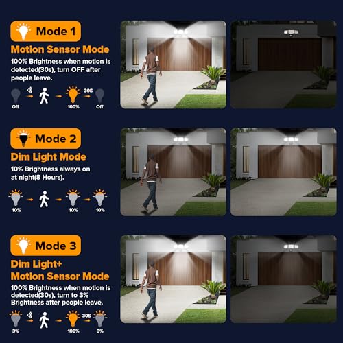UME Solar Outdoor Lights 302 LED 3000LM, IP65 Waterproof Motion Sensor Outdoor Lights, 3 Heads Solar Security Flood Lights 270 Wide Lighting Angle with 3 Modes for Garden Patio Yard - 2 Pack - Image 4