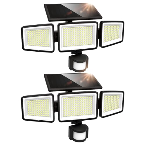UME Solar Outdoor Lights 302 LED 3000LM, IP65 Waterproof Motion Sensor Outdoor Lights, 3 Heads Solar Security Flood Lights 270 Wide Lighting Angle with 3 Modes for Garden Patio Yard - 2 Pack - Image 1