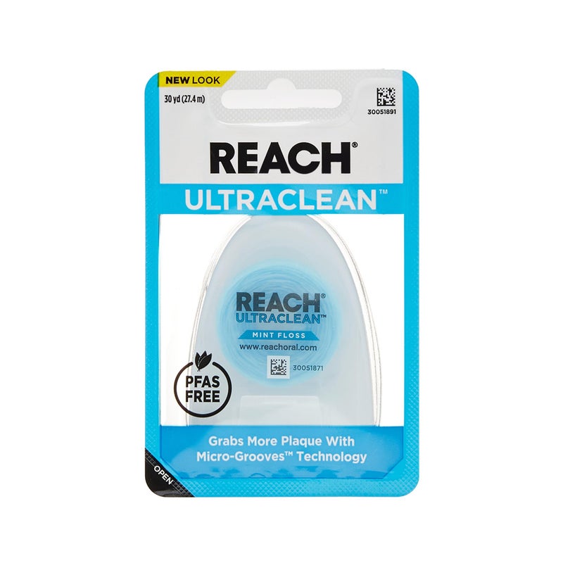 REACH Ultraclean Dental Floss, Mint, Plaque Remover for Teeth, Shred Resistant, Waxed, Easy on Gums & Teeth, Mint, Oral Care, PFAS Free, for Adults & Kids, 1 Pack, 30 yd - Image 1