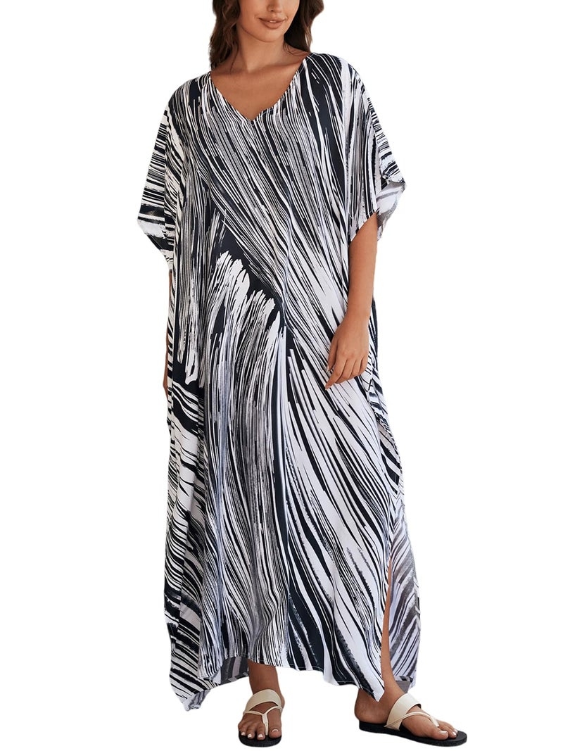 IMAGEKOPE Women's Plus Size Loose Fit Moroccan Print V-Neck Batwing Kaftan Beach Dress Bathing Suit Cover Up - Image 1