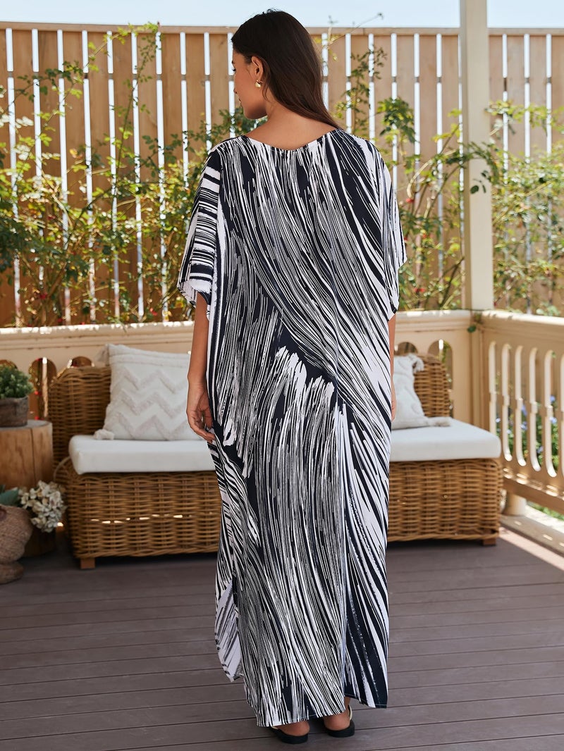 IMAGEKOPE Women's Plus Size Loose Fit Moroccan Print V-Neck Batwing Kaftan Beach Dress Bathing Suit Cover Up - Image 5