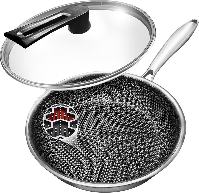 Zipron Frying Pans Nonstick with Lid124inchInterior Size118inch Hybrid Stainless Steel Non Stick Frying PansSkillets and Frying PansPFOA Free CookwareDishwasher and Oven Safe Works on All Cooktops - Image 1