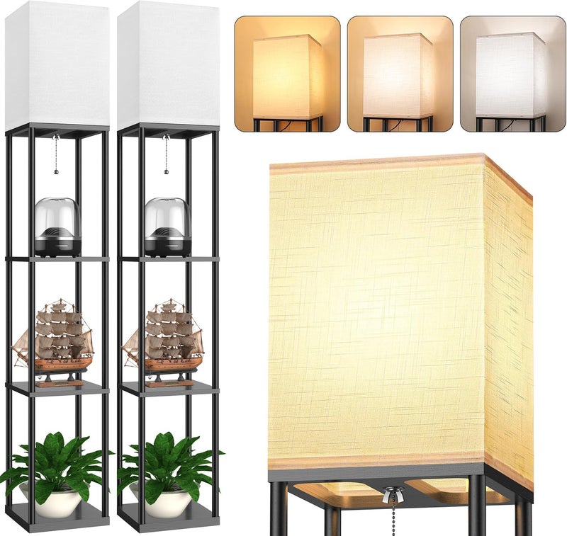 PARTPHONER Floor Lamp with Shelves for Living Room 2 Pack, Shelf Floor Lamp with 3 CCT LED Bulb, Corner Display Standing Column Lamp Etagere Organizer Tower Nightstand with White Linen Shade for Bedroom, Office - Image 1