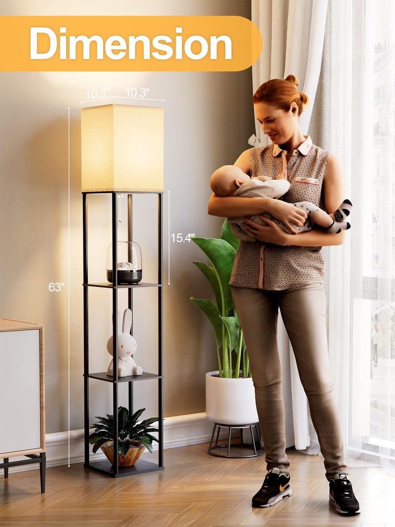 PARTPHONER Floor Lamp with Shelves for Living Room 2 Pack, Shelf Floor Lamp with 3 CCT LED Bulb, Corner Display Standing Column Lamp Etagere Organizer Tower Nightstand with White Linen Shade for Bedroom, Office - Image 4