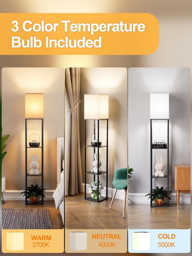PARTPHONER Floor Lamp with Shelves for Living Room 2 Pack, Shelf Floor Lamp with 3 CCT LED Bulb, Corner Display Standing Column Lamp Etagere Organizer Tower Nightstand with White Linen Shade for Bedroom, Office - Image 3