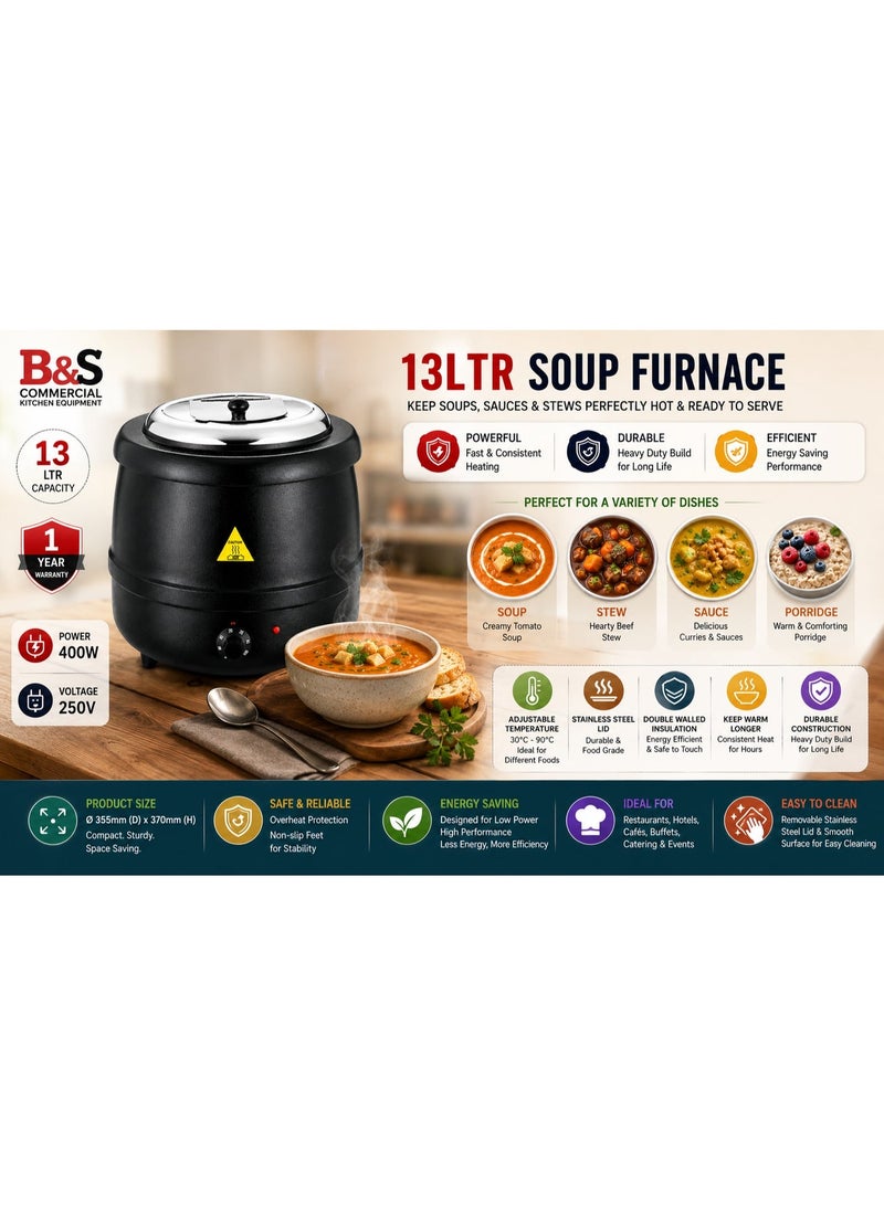 بي إس سخان حساء كهربائي B&S للحاويات من الستانلس ستيل، لتسخين الطعام، (أسود، 13 لتر) - Image 4