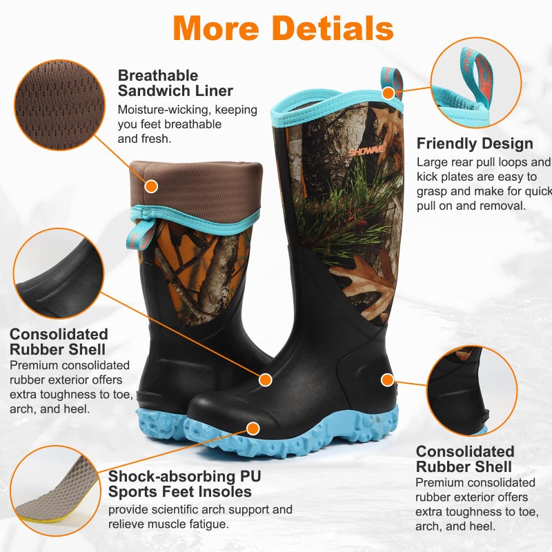 Showave Women's Rain Boots Tall Insulated Rubber Boots for Women Neoprene Waterproof Boot Durable Mud Boot for Gardening Farming Fishing(Blue Camo,Size 5) - Image 4