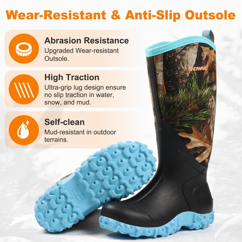Showave Women's Rain Boots Tall Insulated Rubber Boots for Women Neoprene Waterproof Boot Durable Mud Boot for Gardening Farming Fishing(Blue Camo,Size 5) - Image 5