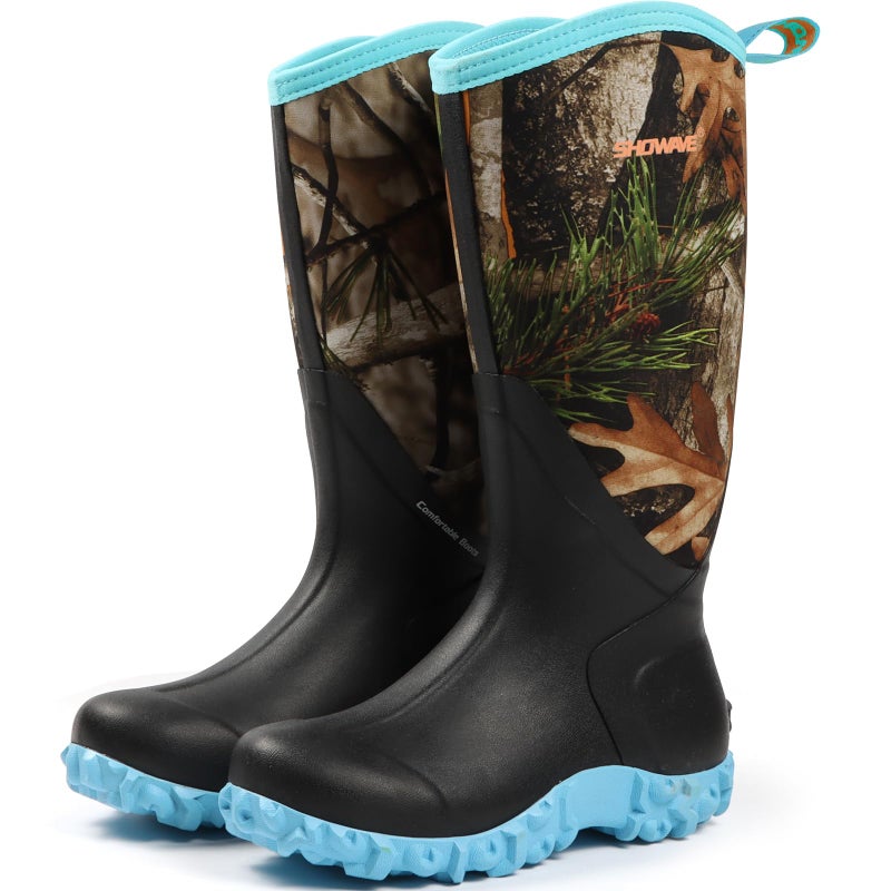Showave Women's Rain Boots Tall Insulated Rubber Boots for Women Neoprene Waterproof Boot Durable Mud Boot for Gardening Farming Fishing(Blue Camo,Size 5) - Image 1
