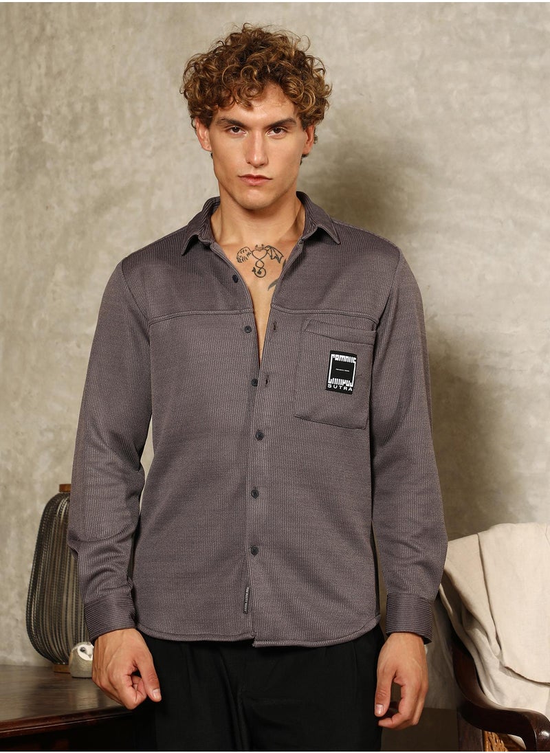 Campus Sutra Campus Sutra Men's Charcoal Grey Ribbed-Knit Utility Shirt For Casual Wear | Spread Collar | Long Cuffed Sleeves | Button Closure | Shirt Crafted With Comfort Fit For Everyday Wear  - Image 2