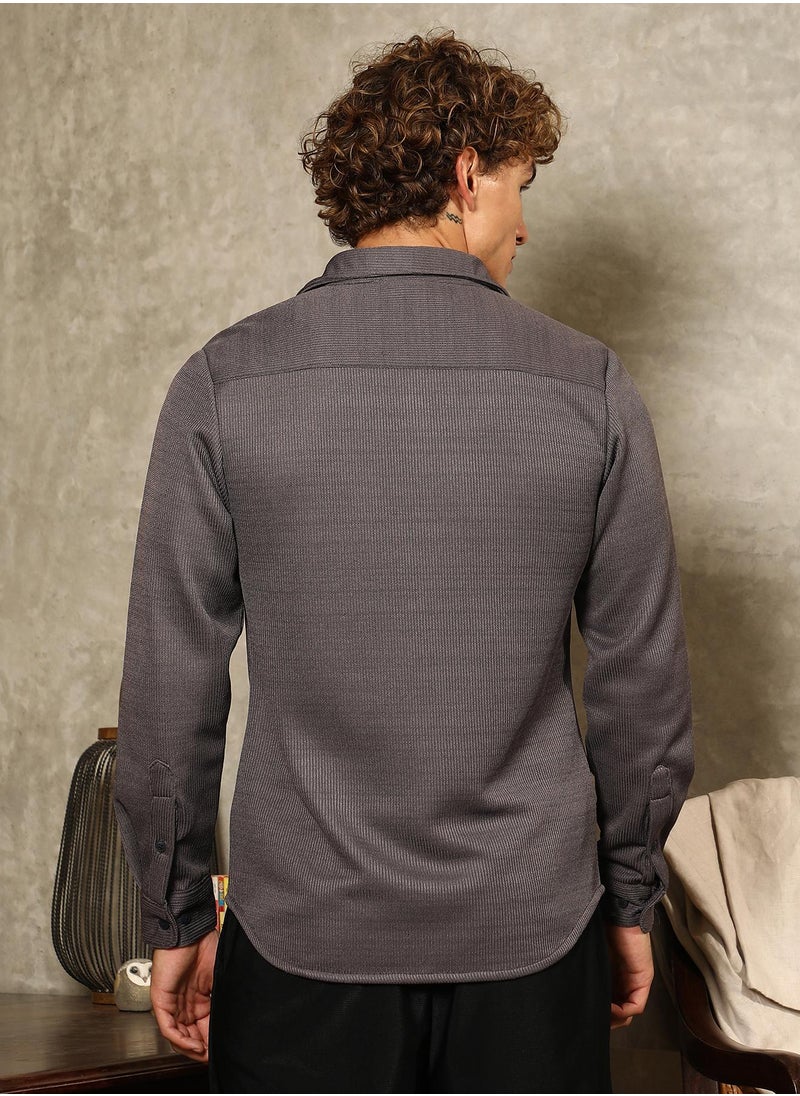 Campus Sutra Campus Sutra Men's Charcoal Grey Ribbed-Knit Utility Shirt For Casual Wear | Spread Collar | Long Cuffed Sleeves | Button Closure | Shirt Crafted With Comfort Fit For Everyday Wear  - Image 5
