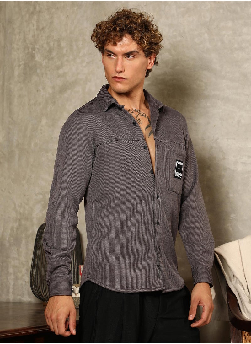 Campus Sutra Campus Sutra Men's Charcoal Grey Ribbed-Knit Utility Shirt For Casual Wear | Spread Collar | Long Cuffed Sleeves | Button Closure | Shirt Crafted With Comfort Fit For Everyday Wear  - Image 3