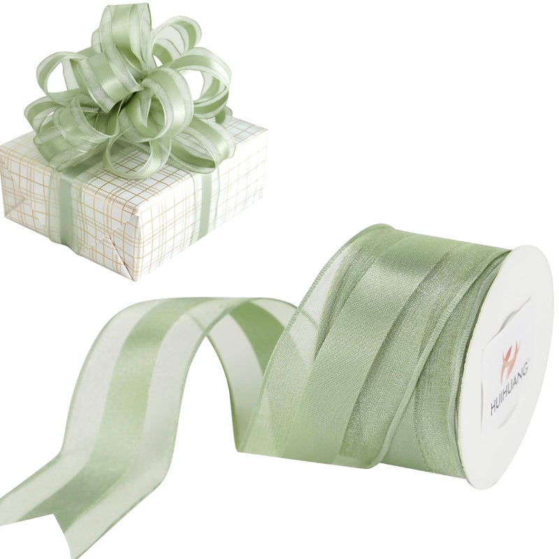 HUIHUANG Sage Green Wired Ribbon 1-1/2 inch Satin Stripe Sheer Wired Ribbon for Christmas Tree, Bows Making, Wreaths, Garland, Gift Wrapping, Wedding Bridal Shower Decorations-Continous 10 Yards - Image 1