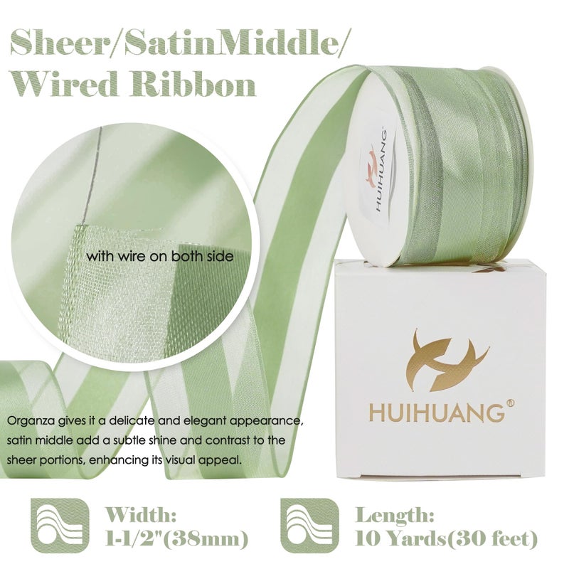 HUIHUANG Sage Green Wired Ribbon 1-1/2 inch Satin Stripe Sheer Wired Ribbon for Christmas Tree, Bows Making, Wreaths, Garland, Gift Wrapping, Wedding Bridal Shower Decorations-Continous 10 Yards - Image 2