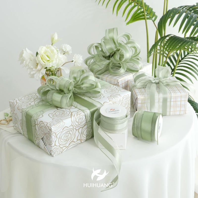 HUIHUANG Sage Green Wired Ribbon 1-1/2 inch Satin Stripe Sheer Wired Ribbon for Christmas Tree, Bows Making, Wreaths, Garland, Gift Wrapping, Wedding Bridal Shower Decorations-Continous 10 Yards - Image 3