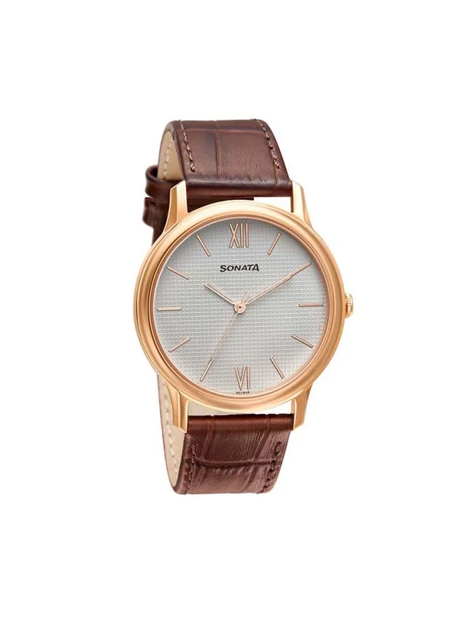 Sonata Round Shape Leather Band Analog Wrist Watch-7128WL02