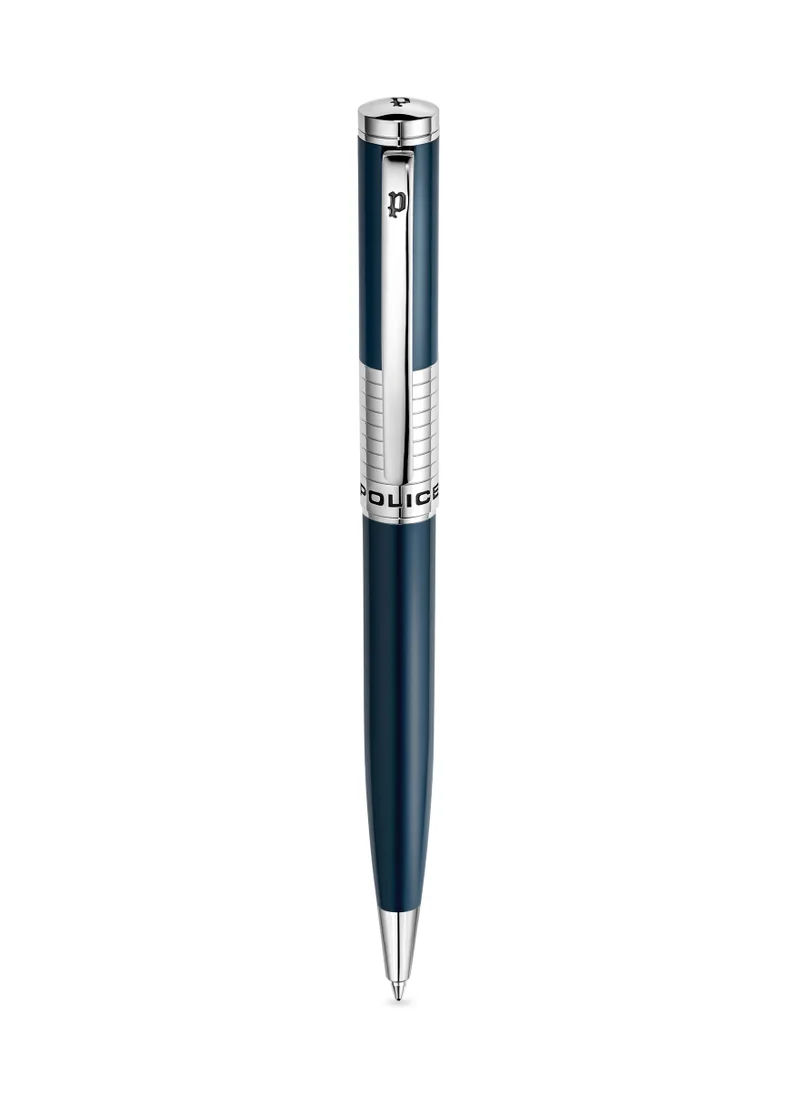 POLICE Police Meiryo Blue Stainless Steel Textured Pen with Silver Trims, Blue Ink - 138 mm