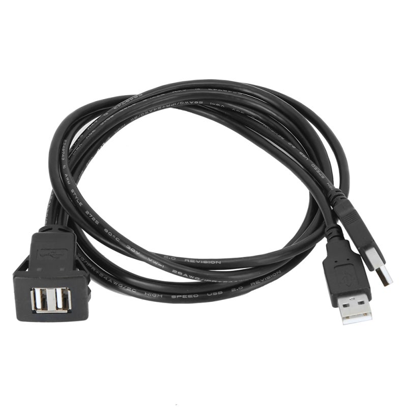 كابل تمديد USB بطول 1 متر PVC متين - كابل بيانات للسيارة USB2.0 لنقل البيانات بسرعة - منفذ USB مزدوج للتركيب المتساطح في لوحة القيادة للسيارة - Image 1