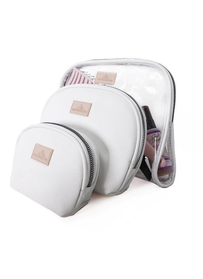 IMPRESSIONS VANITY · COMPANY - Impressions Vanity Havana Arch 3 Pieces Zippered Travel Makeup Bag Set, Waterproof Faux Leather Traveling Cosmetic Pouches, And Large Clear Toiletry Bag For Women (White) - Image 1