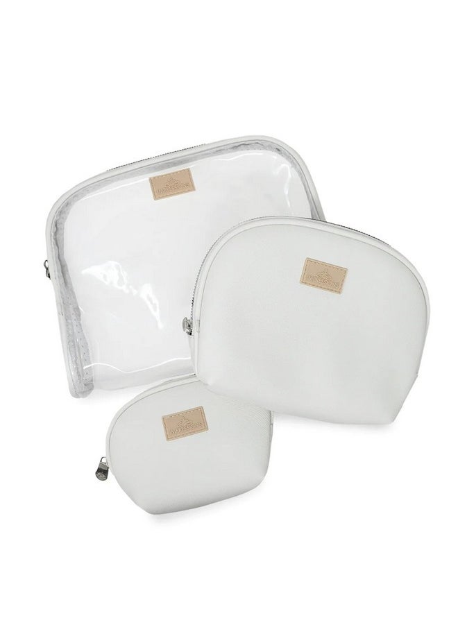 IMPRESSIONS VANITY · COMPANY - Impressions Vanity Havana Arch 3 Pieces Zippered Travel Makeup Bag Set, Waterproof Faux Leather Traveling Cosmetic Pouches, And Large Clear Toiletry Bag For Women (White) - Image 1