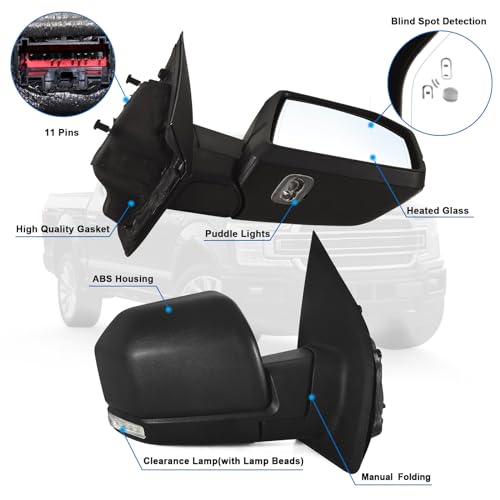 Lqito Right Passenger side Mirror with Power Glass,Heated, Puddle Lights,Clearnce Lamp，Blind Spot Detection and Manual Folding Fits 2015-2020 Ford F150 Replace FL3Z17682FA （11 Pins) - Image 2