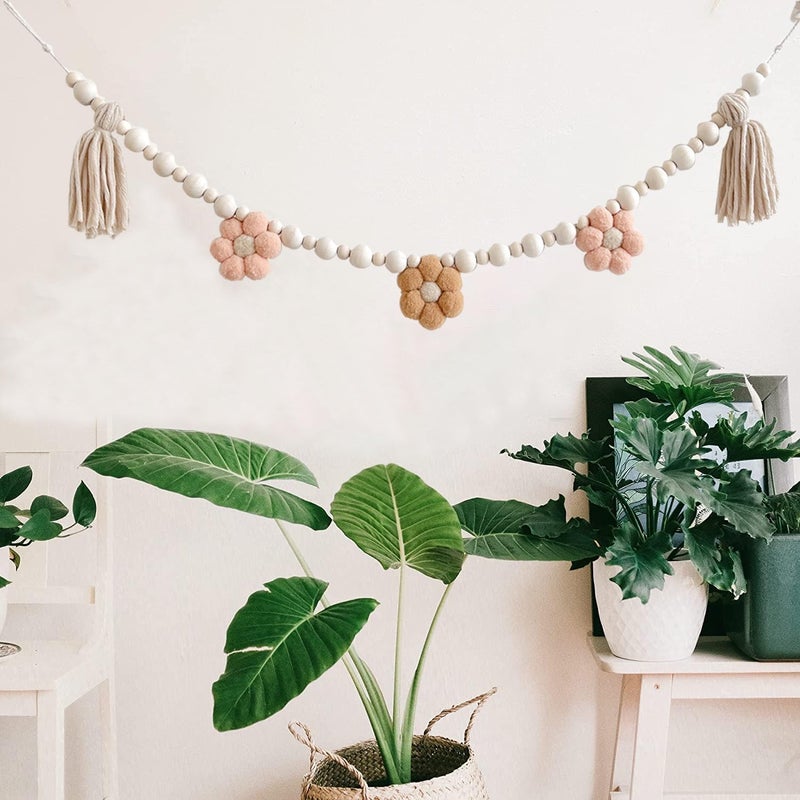 TTFdacai 2 Pcs Boho Tassel Garland with Wooden Beads, Daisy Wooden Tassel Garland Decor for Farmhouse Wall Classroom Daisy Birthday Party Banner Baby Shower Decoration - Image 3