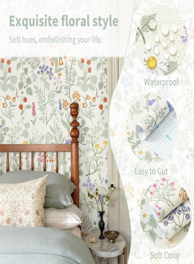 Dimoon 17.3" X 78.7" Peel and Stick Wallpaper Floral Contact Paper Wall Art Beige Green Renter Friendly Waterproof Removable Self Adhesive Wallpaper for Bedroom Livingroom Bathroom Textured Vinyl Roll - Image 3