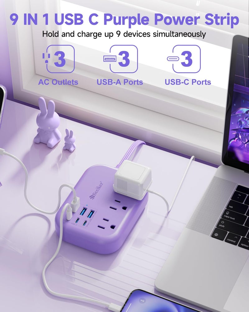 Beeiker 6 USB(3 USB C) Purple Travel Power Strip- 5Ft Purple Extension Cord with USB Charging Station 24W and 3 Outlets, Pink Desk Accessories for Cruise Travel Cute Kawaii Lavender Home Office Dorm Room - Image 2