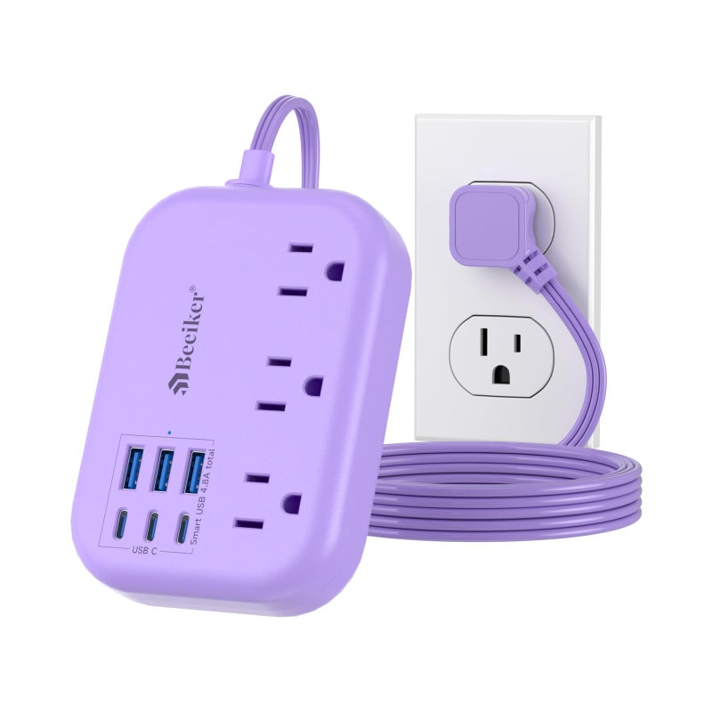 Beeiker 6 USB(3 USB C) Purple Travel Power Strip- 5Ft Purple Extension Cord with USB Charging Station 24W and 3 Outlets, Pink Desk Accessories for Cruise Travel Cute Kawaii Lavender Home Office Dorm Room - Image 1