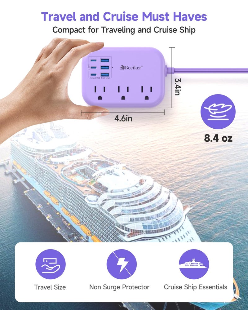 Beeiker 6 USB(3 USB C) Purple Travel Power Strip- 5Ft Purple Extension Cord with USB Charging Station 24W and 3 Outlets, Pink Desk Accessories for Cruise Travel Cute Kawaii Lavender Home Office Dorm Room - Image 4